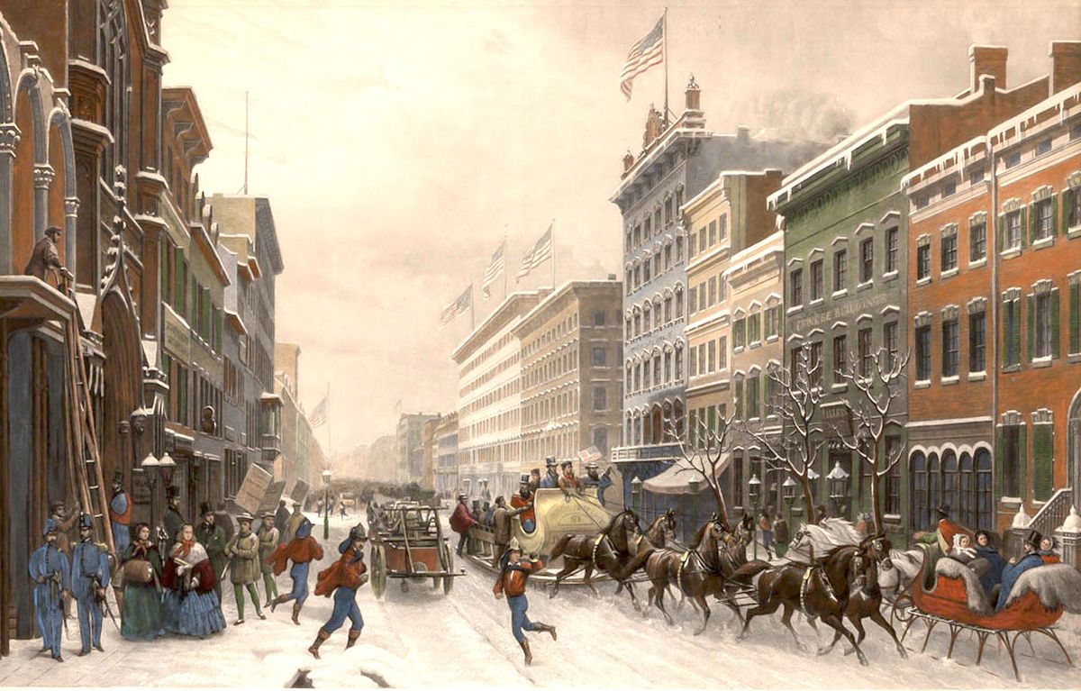 Historic Painting: Winter Scene on Broadway by Hippolyte Sebron, 1855.