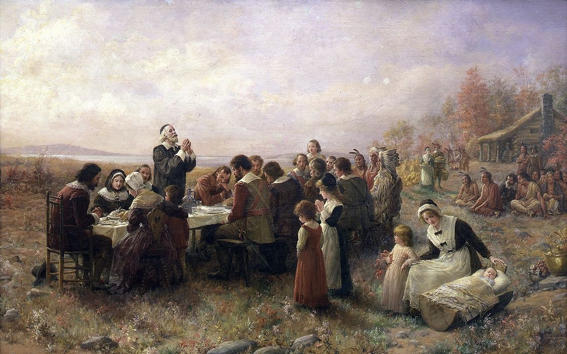 Historic Painting: “The First Thanksgiving” by Jennie Augusta Brownscombe, 1914.