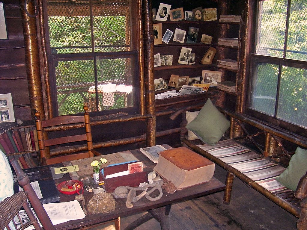 Interiors: Den at “Slabsides,” John Burroughs’s rustic cabin, West Park, New York.